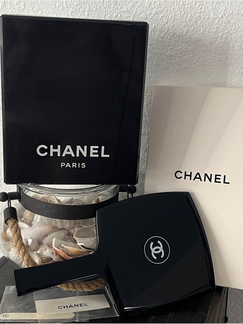 CHANEL Glossy Black Hand Mirror AND Jewelry Box with Silver CC Logo